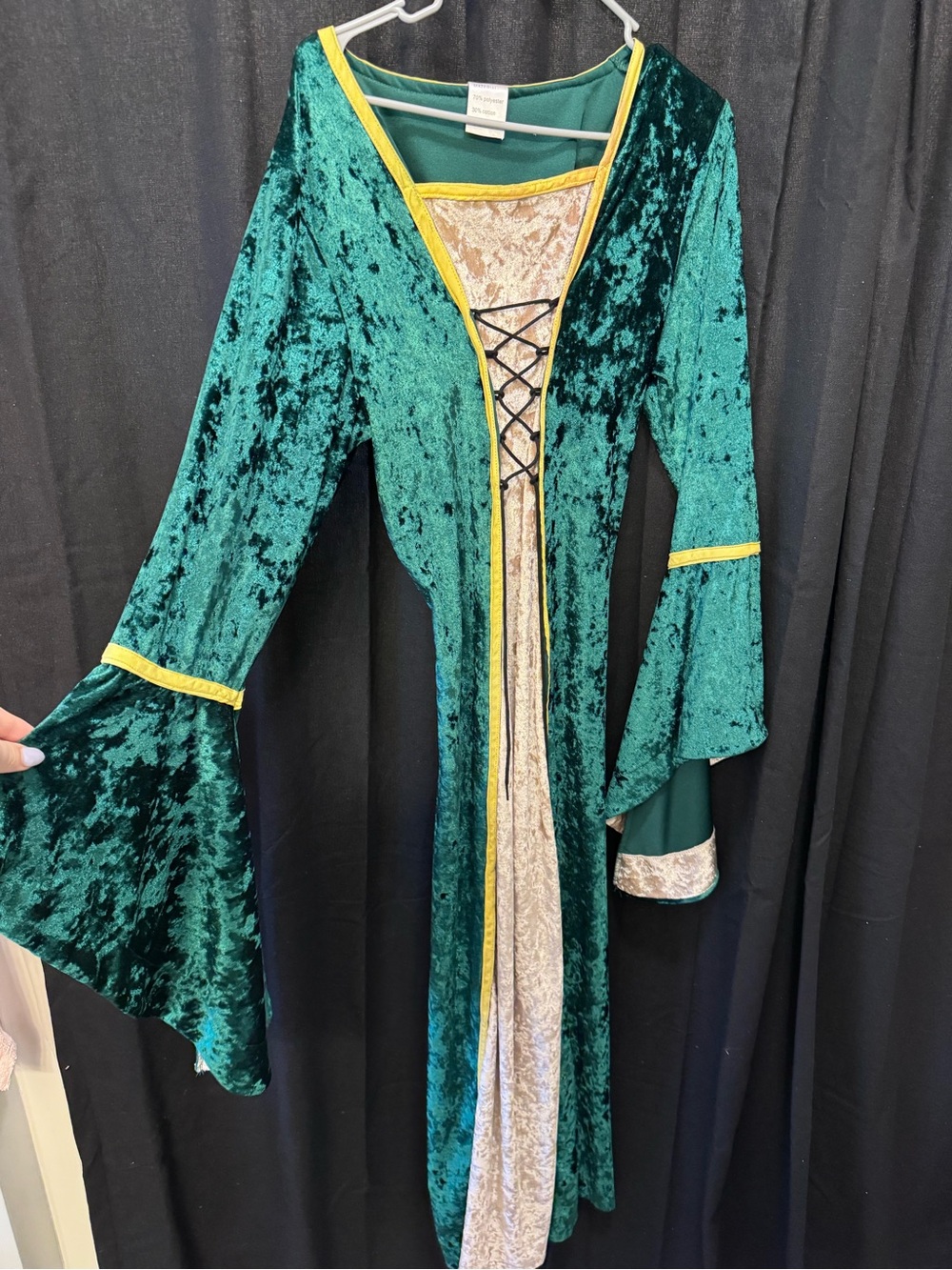 Emerald Green Velvet Lace-Up Medieval Dress with Gold Trim